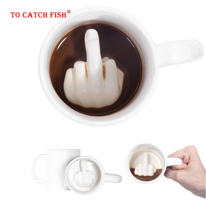 Creative Design White Middle Finger mug,Novelty Style Mixing Coffee Milk Cup Funny Ceramic Mug 300ml Capacity Water Cup