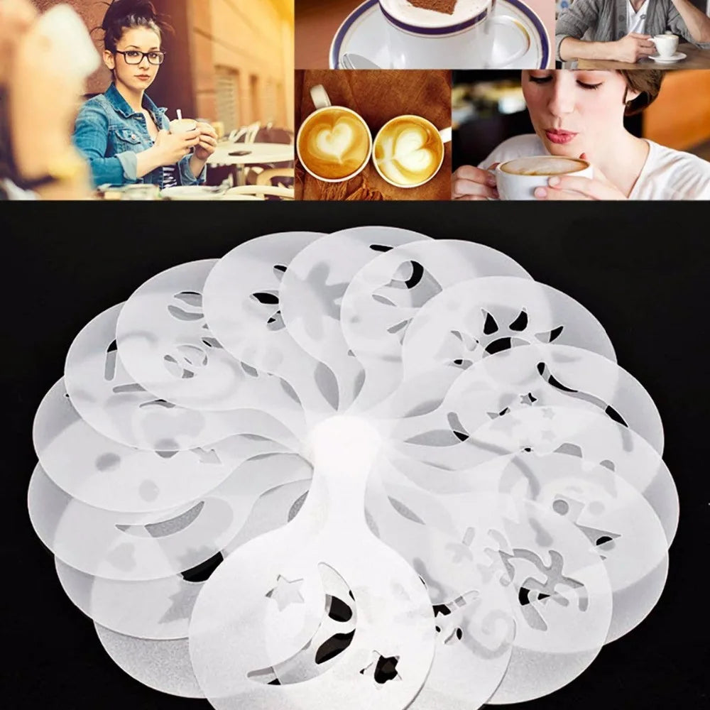 16PCS/set Plastic Cafe Foam Spray Template Barista Stencils Decoration Tool Garland Mold Fancy Coffee Printing Flower Model